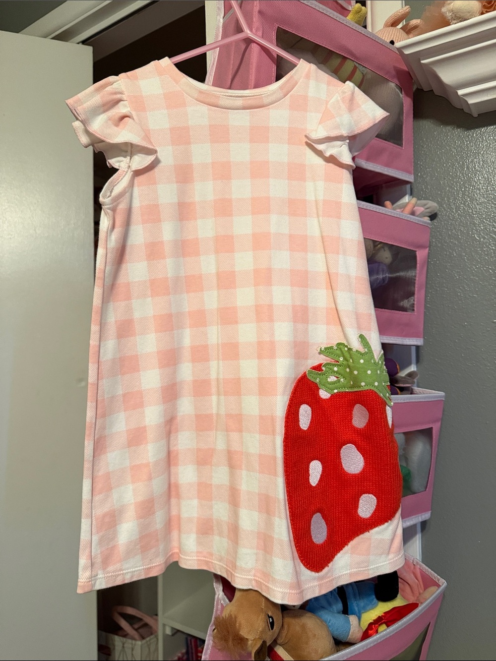 Mud Pie Pink and White Gingham Dress with Strawberry Applique